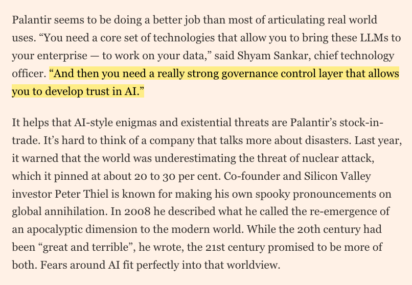 Quote from FT article - And then you need a really strong governance control layer that allows you to deveop trust in AI
